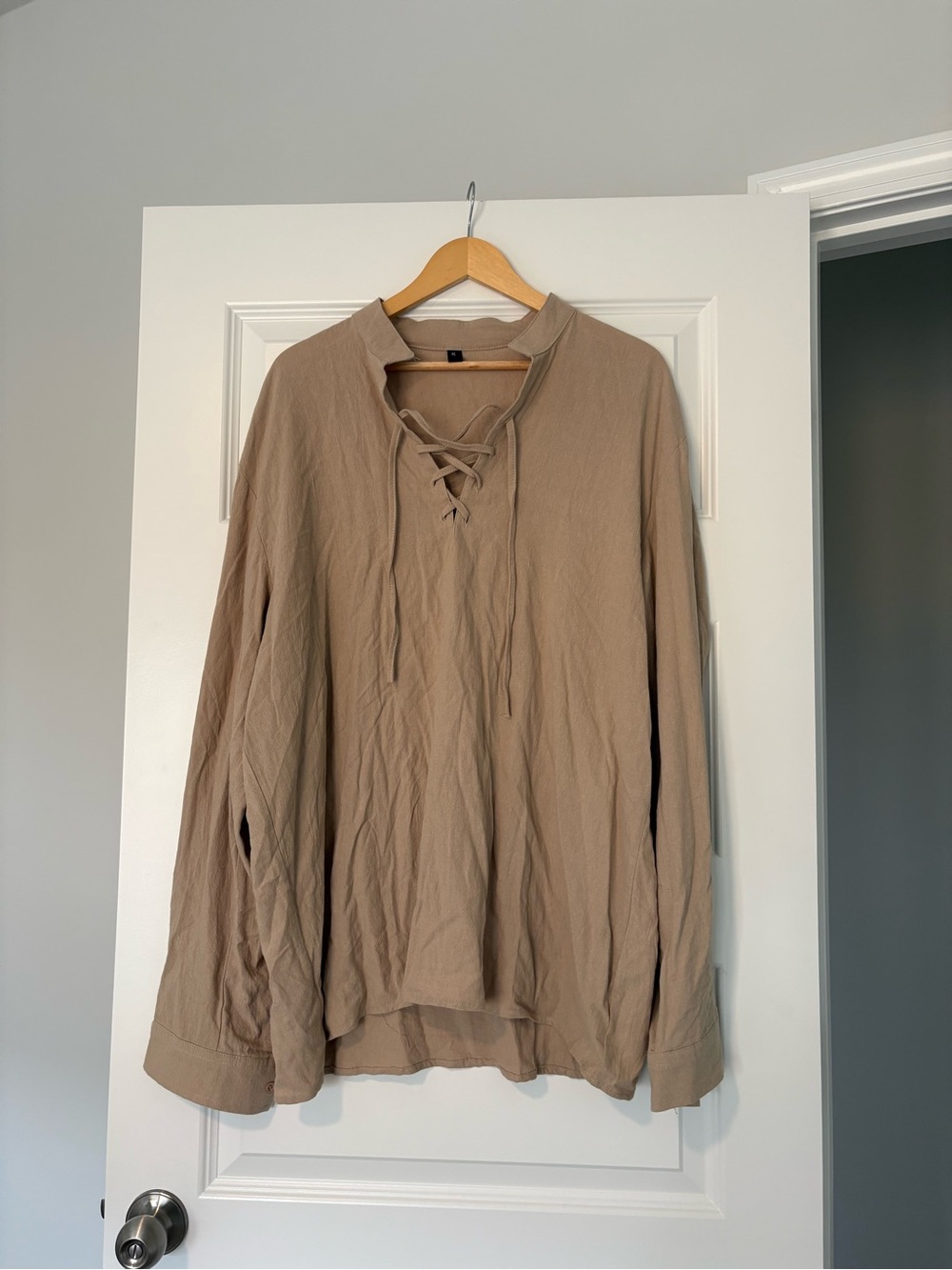 Taupe Lace-Up Long Sleeve Top 100% Cotton Women's XL